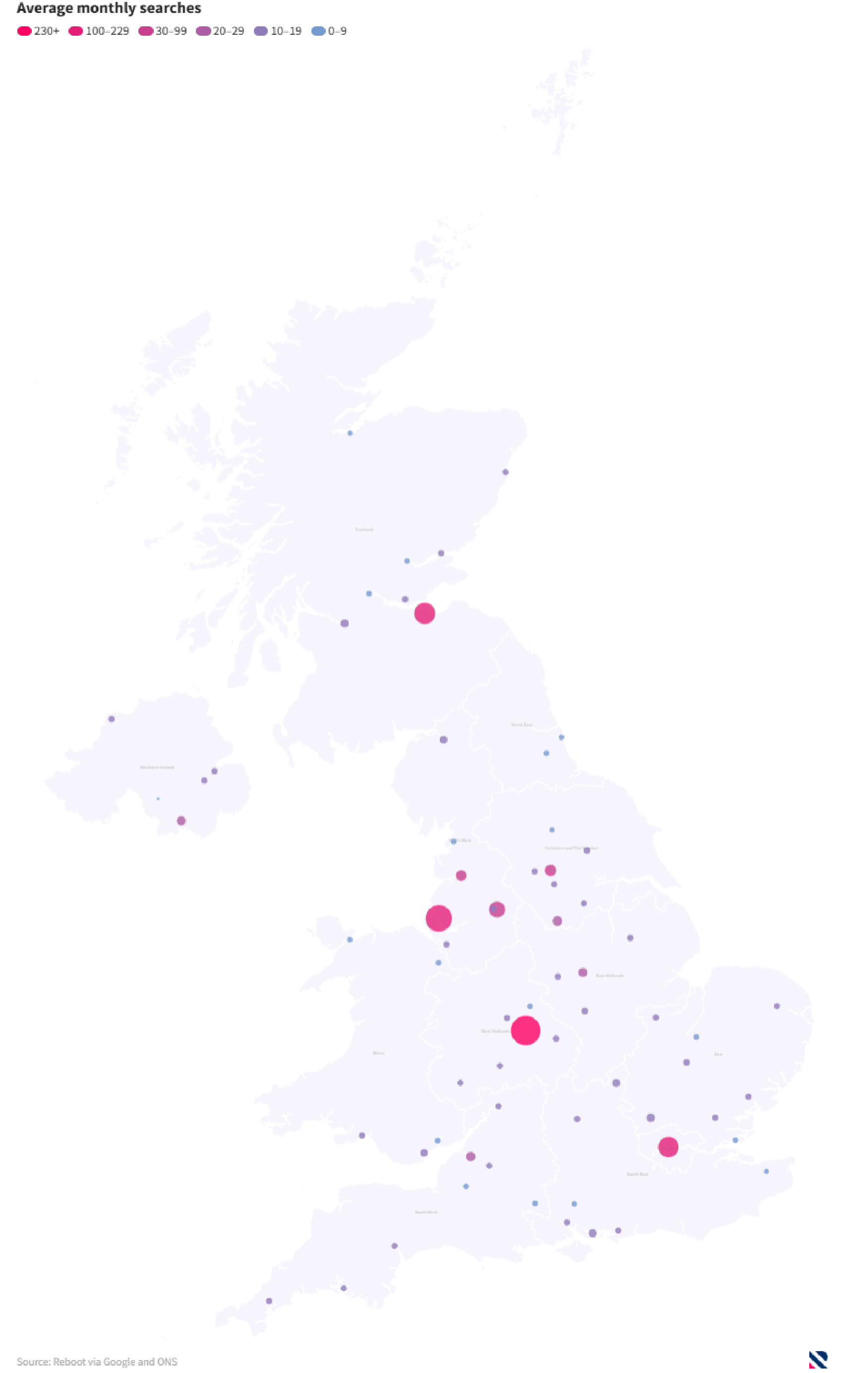 A map showing the breakdown of average monthly searches, by city, for the following terms: SEO company; Local SEO company; SEO agency SEO services; SEO consultant SEO freelancer.